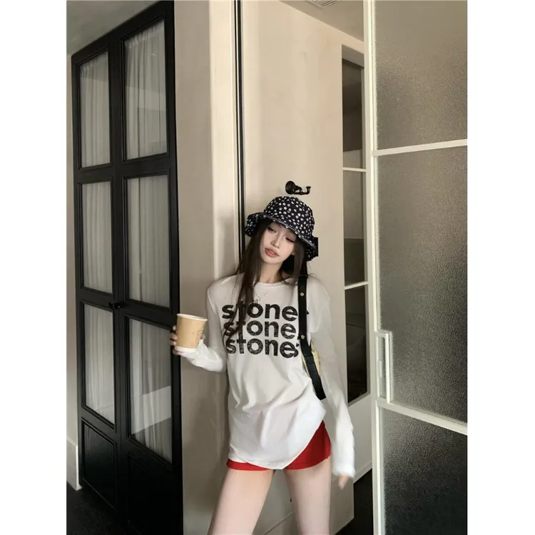 美式字母印花薄款长袖T恤女夏纯欲慵懒风韩版宽松防晒罩衫白上衣