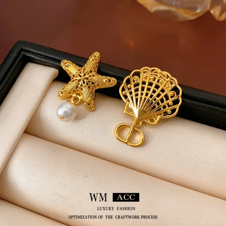 不锈钢仿珍珠耳饰 银针镂空贝壳海星珍珠耳钉轻奢精致不对称耳环