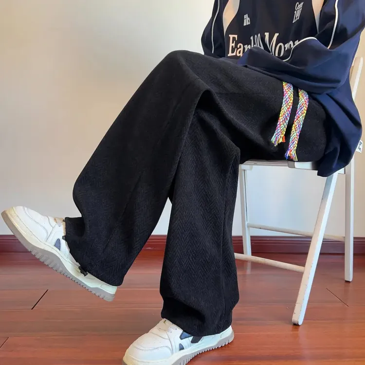 麦穗纹休闲裤子男新款潮牌保暖加绒直筒长裤百搭宽松大码阔腿卫裤
