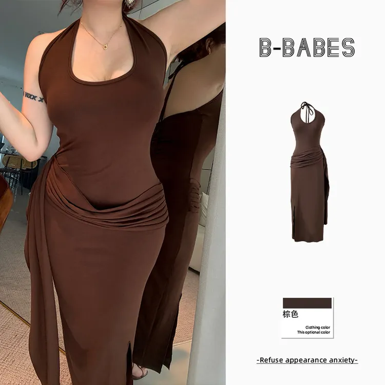 B-babes【绵绵枫糖】复古显瘦连衣裙时尚挂脖设计感褶皱中长裙