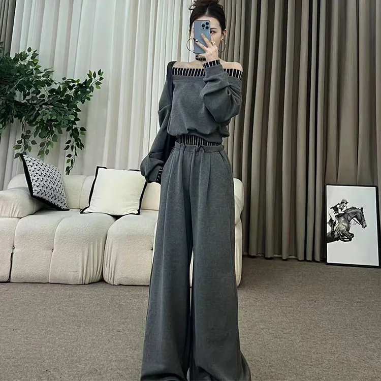 时尚休闲运动套装女秋季新款韩版气质一字肩卫衣高腰阔脚裤两件套