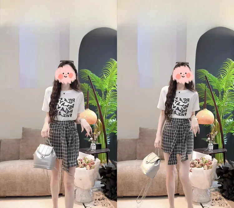 【月华浮梦】夏季新款字母T恤+格子半身裙两件套显瘦百搭休闲减龄