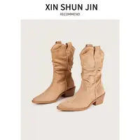 马丁靴牛仔圆头尖头刺绣西部牛仔靴皮靴复古秋冬时装