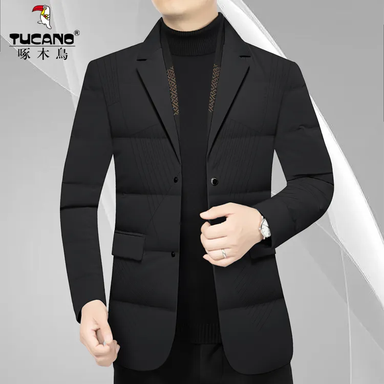 啄木鸟冬季西装领羽绒服可脱卸围巾领西服男装外套上衣鸭绒时尚潮