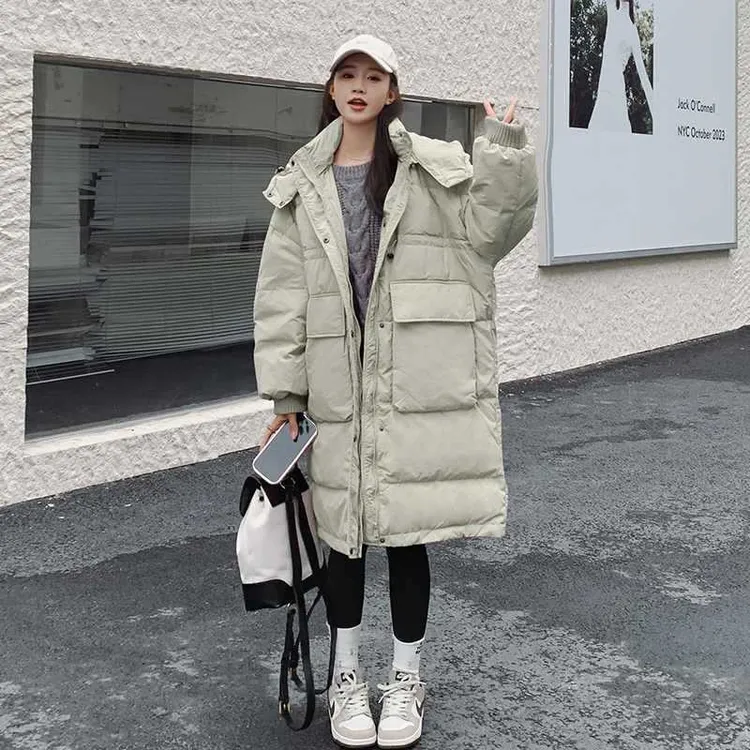 连帽休闲羽绒服女冬外套新款中长款韩版宽松学生小个子面包服加厚