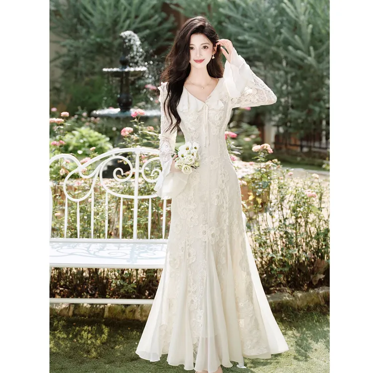 法式重工刺绣亮片蕾丝雪纺连衣裙女神范气质度假长裙白色礼服结婚