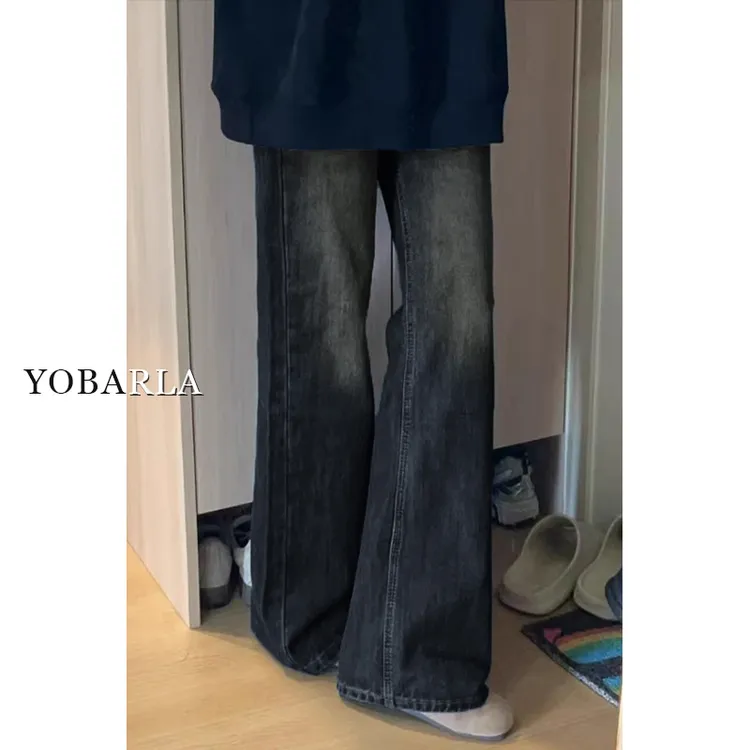 梨形身材蓝灰色微喇牛仔裤女秋季新款大码胖mm高腰女士新款裤子
