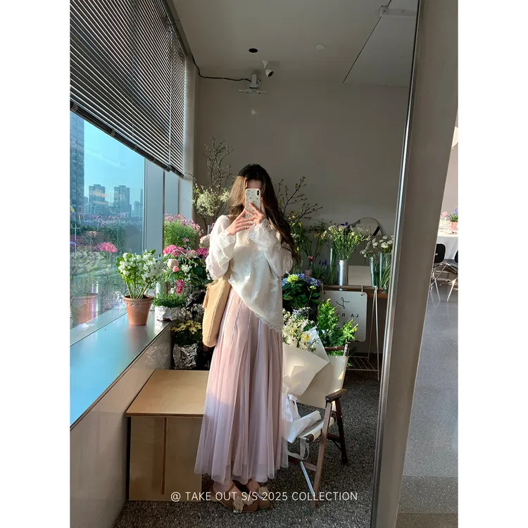 外卖到了【弗拉罗玫瑰】粉色插片半身裙大裙摆吸睛A字长裙WM4LSQ15