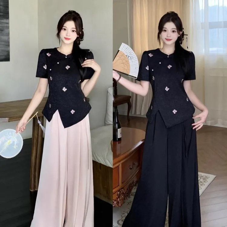 2025新中式蝴蝶刺绣大码女装气质显瘦上衣阔腿裤套装 22359 22314