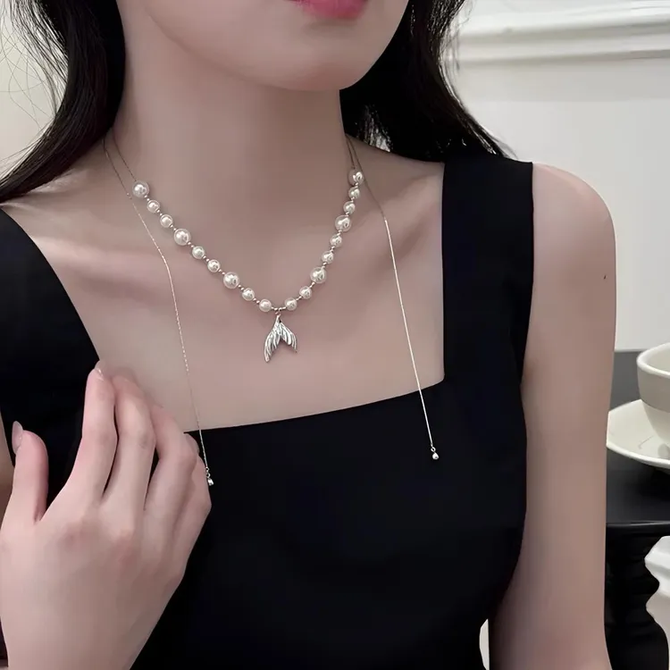 铜合金项链 鱼尾吊坠珠珠抽拉项链女流苏长款锁骨链小众设计颈链 