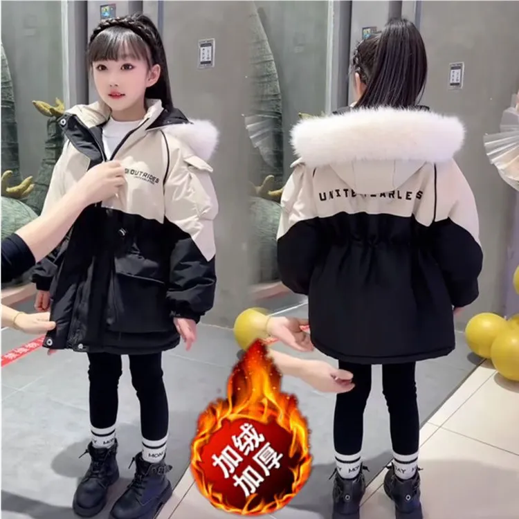 女童外套冬装2025冬季新款中大童洋气加绒加厚中长款大兔毛派克服