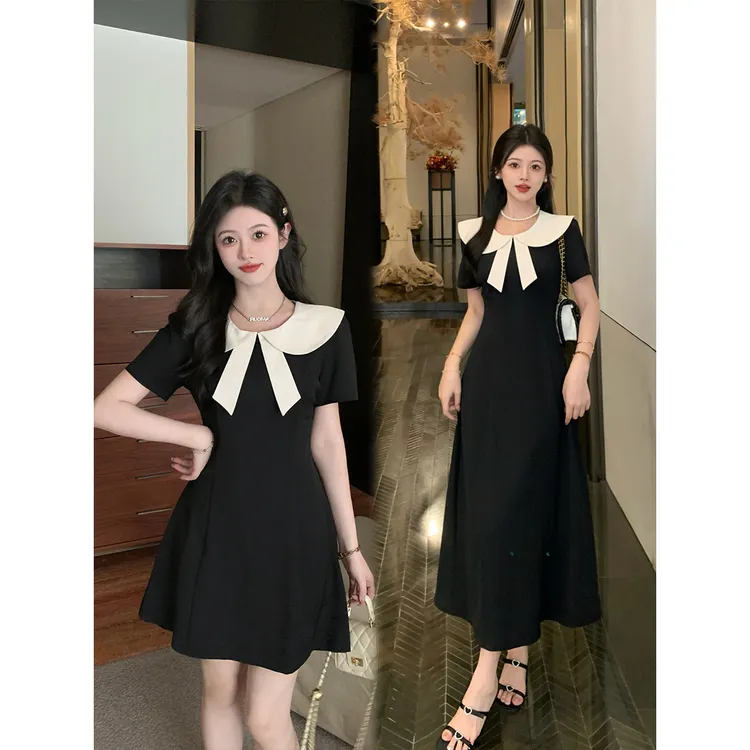 实拍大码女装书香门第新款时尚气质显瘦轻奢蝴蝶领连衣裙胖MM女