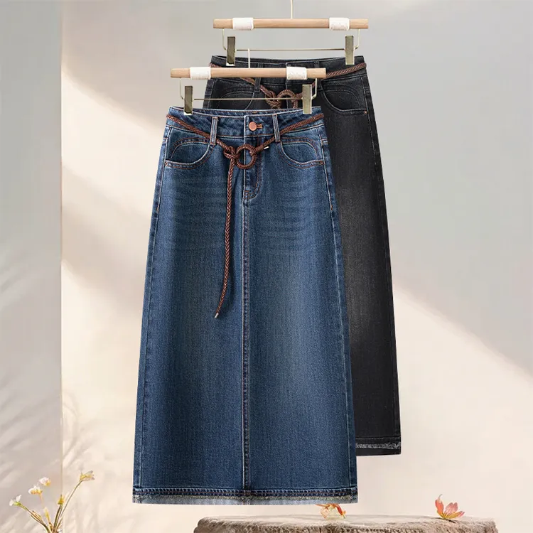 时尚流行毛边牛仔半身裙女2025秋季新款中长裙高腰显瘦休闲百搭