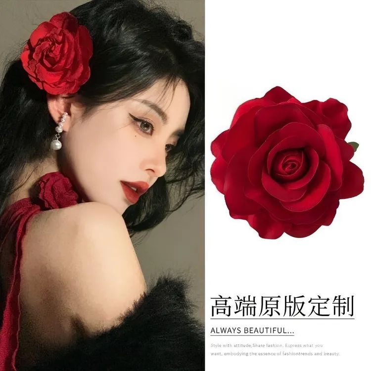 红色玫瑰花发夹女2025新款高端气质头花侧边发卡大号花朵夹子头饰