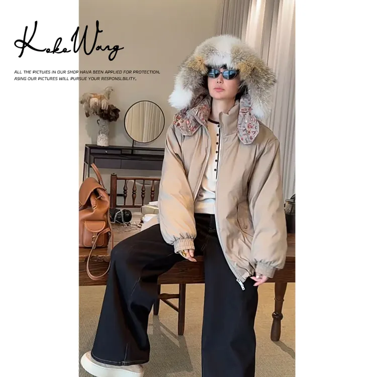 KOKO WANG秋冬90白鹅连帽碎花里休闲狼毛领鹅绒服外套X1535J05W42