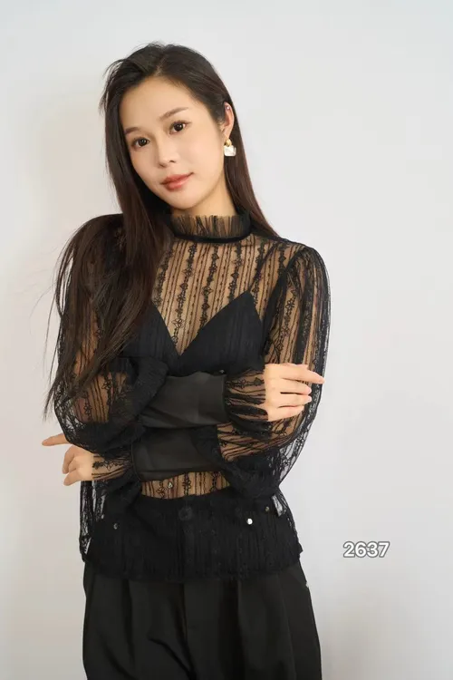 新款女士立领套头喇叭袖网纱拼接蕾丝性感打底衫2637
