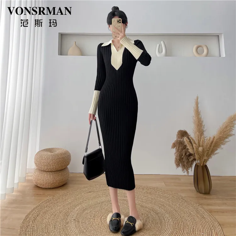 VONSRMAN修身连衣裙女2025秋冬季新款时尚大衣内搭高级感气质长裙
