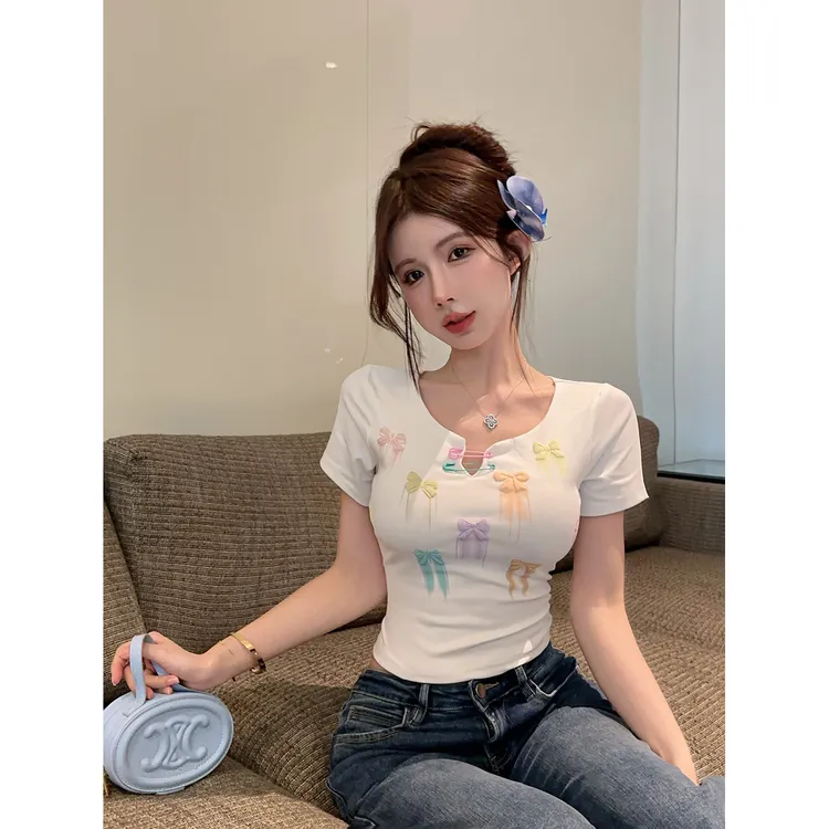 多巴胺蝴蝶结正肩短袖t恤女夏季纯欲甜美辣妹短款修身小上衣半袖