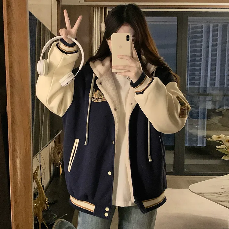 加绒加厚美式棒球服外套女秋冬2025新款宽松复古大码休闲夹克上衣
