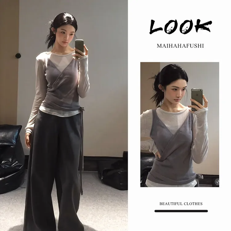 秋冬一整套女装2026新款韩版休闲外穿吊带背心打底衫阔腿裤三件套