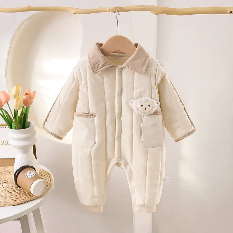 婴儿连体衣夹棉加厚翻领棉衣新生幼儿爬服宝宝衣服秋冬装外出服