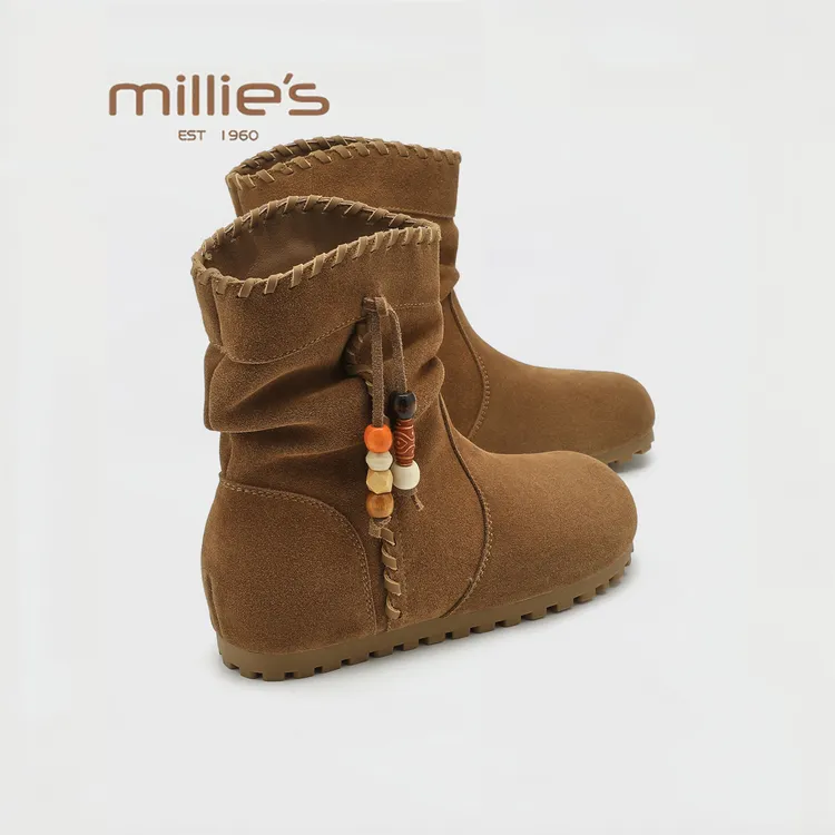 MILLIE'S/妙丽2025新款冬时尚真皮雪地靴女加绒保暖休闲百搭短靴
