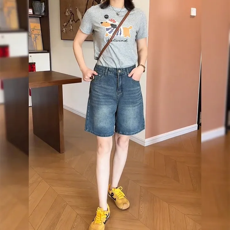 复古蓝牛仔短裤女2025夏季新款大码梨形身材小个子a字五分直筒裤