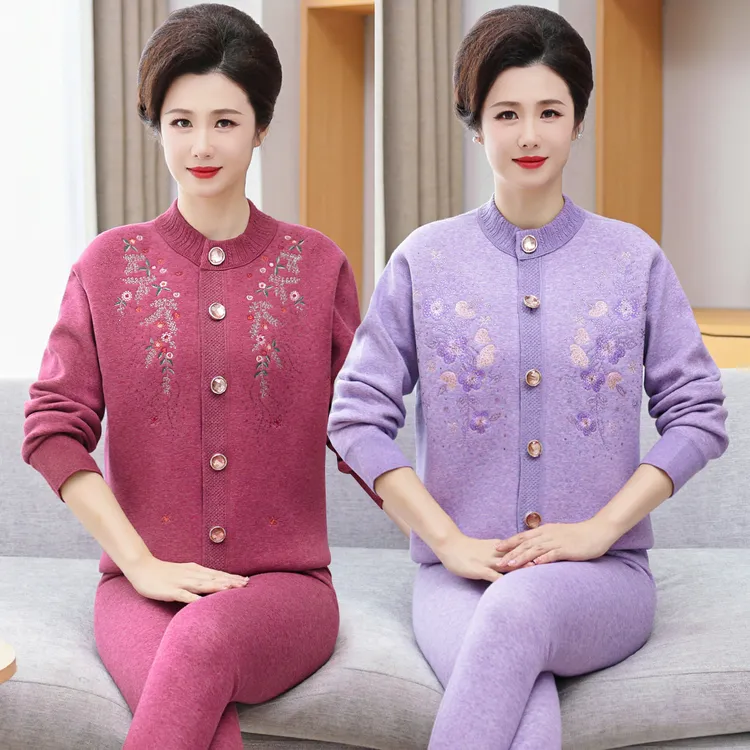 中老年人女加绒加厚保暖内衣套装妈妈开衫彩棉红色大码打底棉毛衫
