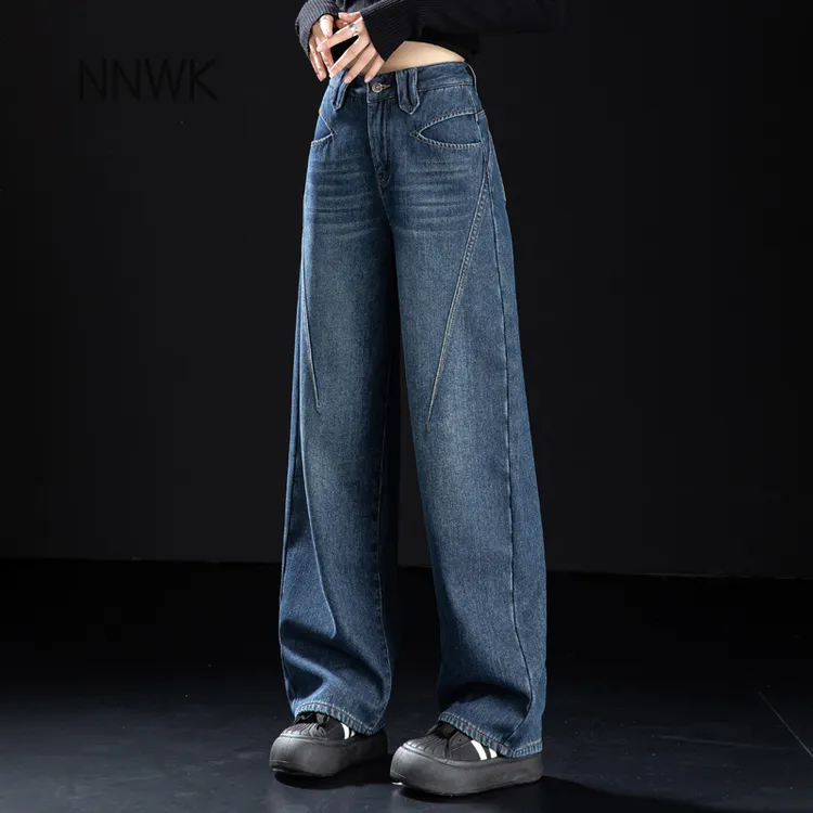 深蓝色高品质加绒牛仔裤女2025秋冬高腰窄版阔腿裤弯刀裤直筒长裤