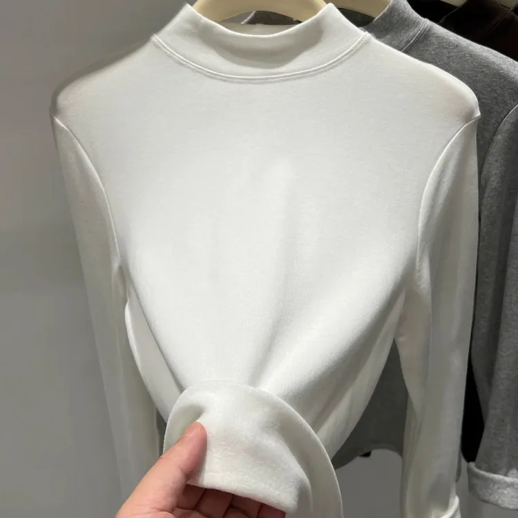 气质半高领纯色百搭长袖T恤女2025秋冬新款加薄绒内搭打底衫上衣