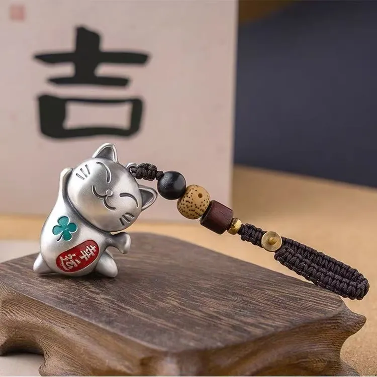 吊坠足银 足银999招财猫钥匙扣挂件幸运卡通汽车钥匙扣挂饰男女款