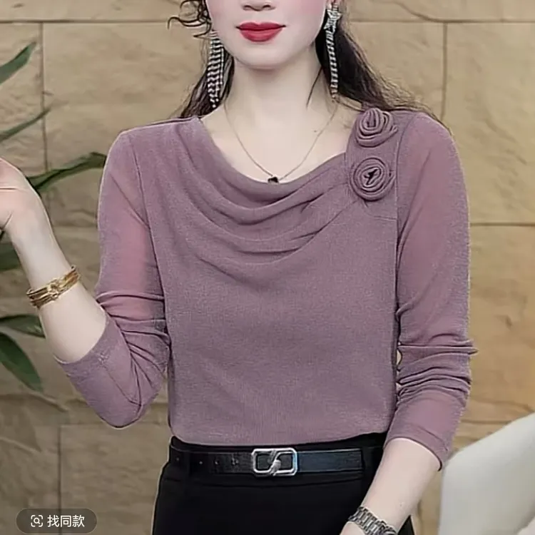 2025春秋新款时尚百搭纯色堆堆领玫瑰花长袖小衫9053