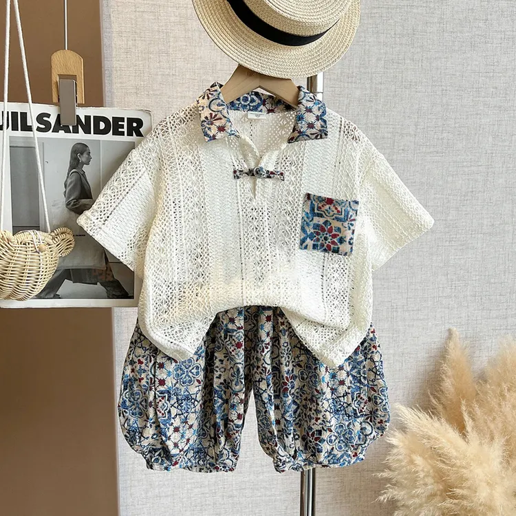 2025夏季新款男童短袖套装针织镂空花色POLO衫洋气帅气薄款儿童装