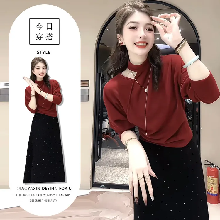 2025秋冬小心机露肩红色上衣高腰亮片半身裙少女感别致穿搭两件套