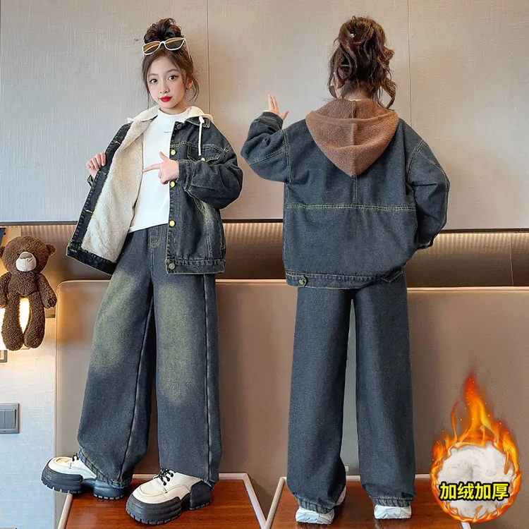 女童秋冬装套装2025新款韩版儿童加绒加厚复古牛仔冬装洋气两件套