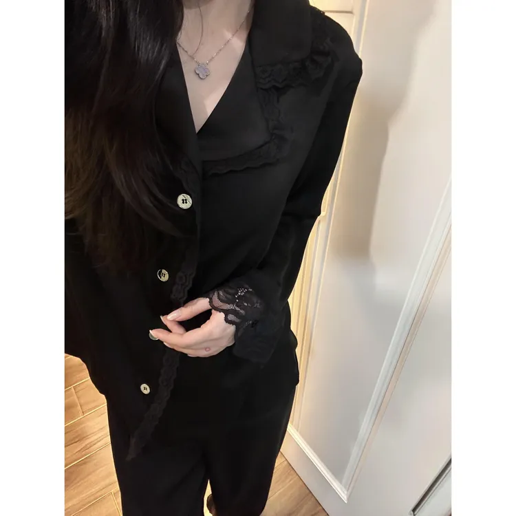 【轻奢蕾丝】法式纯欲花边缎面冰丝睡衣女春秋新款长袖套装家居服