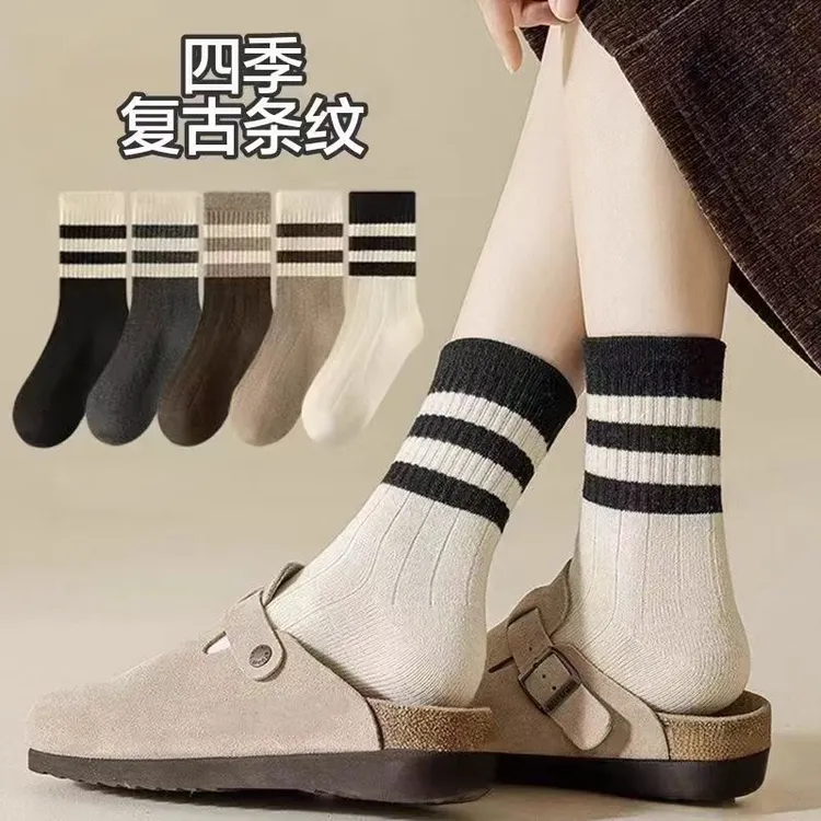 配鲨鱼裤专用袜子女秋冬款加厚保暖ins潮流简约百搭条纹中长筒袜