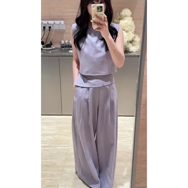 韩系气质高级感紫色无袖背心阔腿休闲裤两件套女夏季新款时尚套装