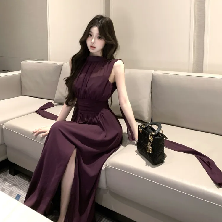 紫色韵味无袖连衣裙高级感飘带收腰纯欲挂脖仙女长裙子