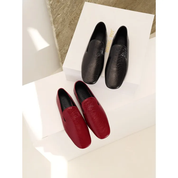 SIS PENG 极简方头真皮乐福鞋女平底圆头一脚蹬百搭休闲单鞋