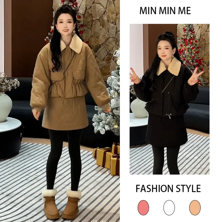 简约风时尚韩版翻领棉服女搭休闲半身短裙2025冬季新款两件套减龄