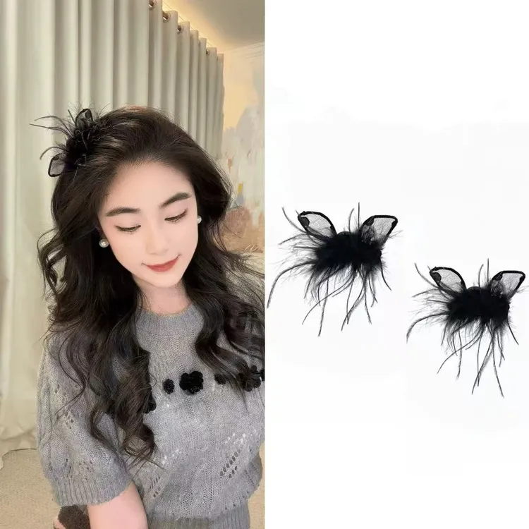 新款波点小耳朵羽毛刘海夹秋冬发饰韩系高级侧边夹小抓夹