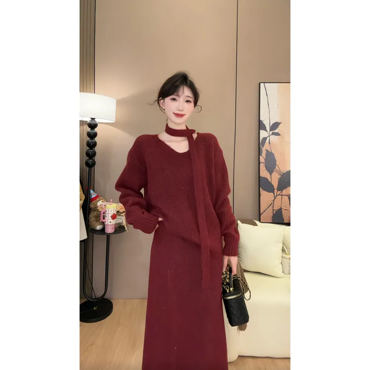 新年战袍三件套亮闪闪毛衣女针织套装绑带半身裙设计感百搭#0213