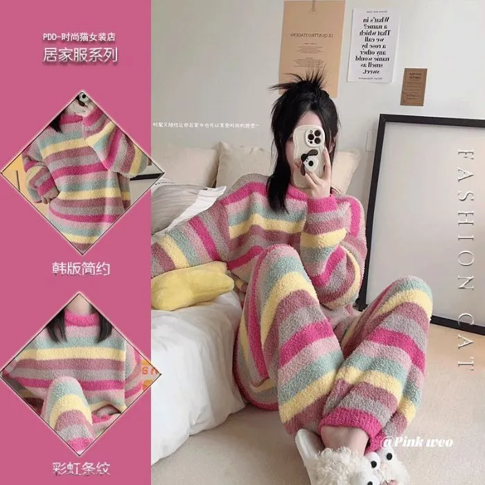 彩虹条纹甜美睡衣女秋冬保暖软绵绵加厚加绒珊瑚绒睡衣家居服套装