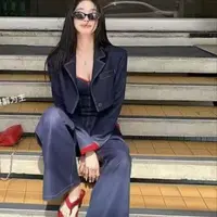【莹莹推荐】拼接花边领收腰吊带外披阔腿裤胖mm2025秋季新款显瘦