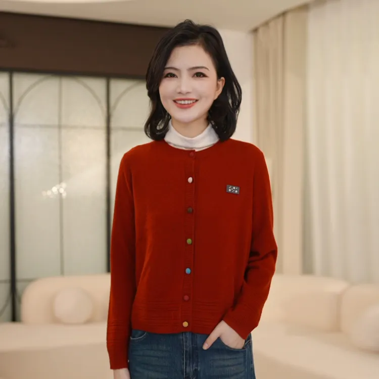 枫竺阿楠anan全羊毛圆领彩扣针织开衫外套女秋季上衣外穿毛衣