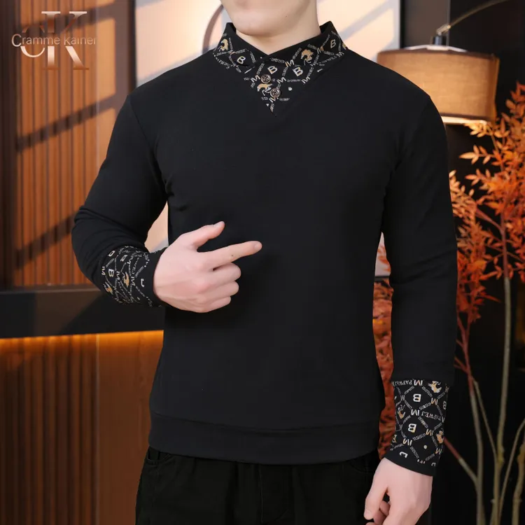 男士洋气款德绒围巾领打底衫秋冬季时尚百搭长袖卫衣休闲保暖上衣