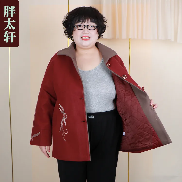 中老年加肥加大码中长款宽松毛呢大衣胖妈妈220斤妮子外套秋冬款