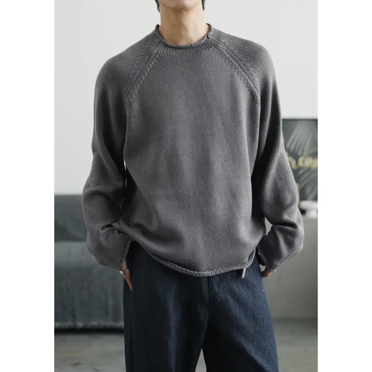 新款韩版简约慵懒百搭圆领套头宽松纯色休闲毛衣针织衫男9908