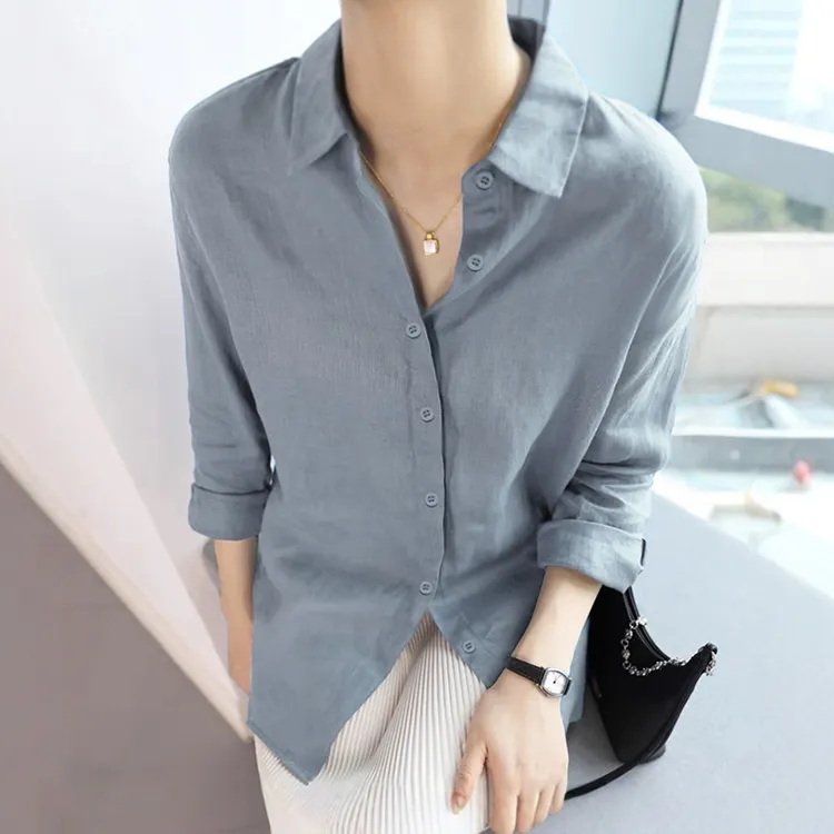 浅蓝色棉麻衬衫女春秋款慵懒风宽松外穿薄款长袖纯色休闲柔软衬衣